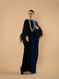 Double Color Velvet Kaftan with Feathered Sleeves - Royal Blue