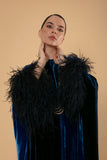 Double Color Velvet Kaftan with Feathered Sleeves - Royal Blue