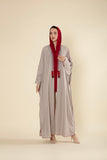 Sahar Luxe Embroidered Tassel Abaya – Pearl Grey & Red