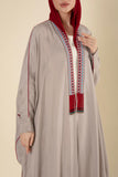 Sahar Luxe Embroidered Tassel Abaya – Pearl Grey & Red