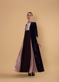 Plum Velvet Cape Dress with Pleated Contrast Panels