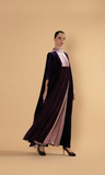 Plum Velvet Cape Dress with Pleated Contrast Panels