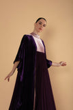 Plum Velvet Cape Dress with Pleated Contrast Panels