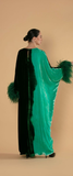 Double Color Velvet Kaftan wih Feathered Sleeves - Green