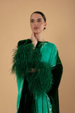 Double Color Velvet Kaftan wih Feathered Sleeves - Green