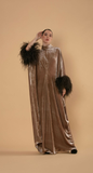 Beige Velvet Kaftan with Feathered Sleeves