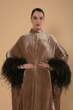 Beige Velvet Kaftan with Feathered Sleeves