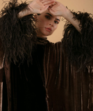 Double Color Velvet Kaftan with Feathered Sleeves - Brown