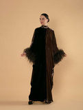 Double Color Velvet Kaftan with Feathered Sleeves - Brown