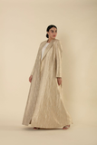 Gold Long Banarasi Fabric Coat with Front Button – Nueva Collection