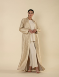 Gold Long Banarasi Fabric Coat with Front Button – Nueva Collection