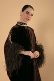 Double Color Velvet Kaftan with Feathered Sleeves - Brown